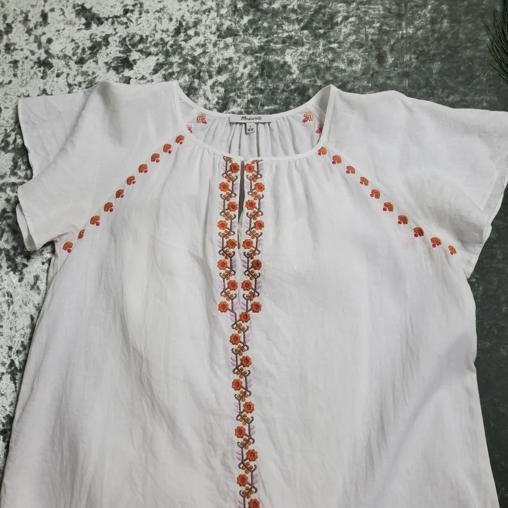 Madewell Embroidered‎ Linen Blend Raglan Ruffle Mini Dress - Picture 5 of 7
